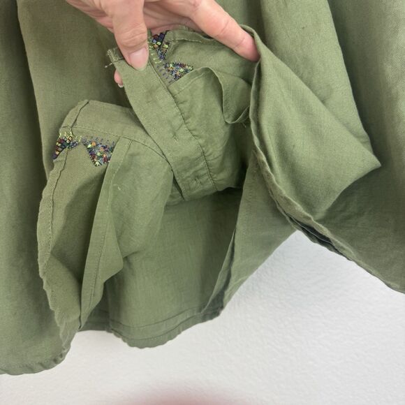 Anthropologie Maeve Embroidered Linen Cotton Button Front Smocked Skirt Green 6 - Picture 9 of 16